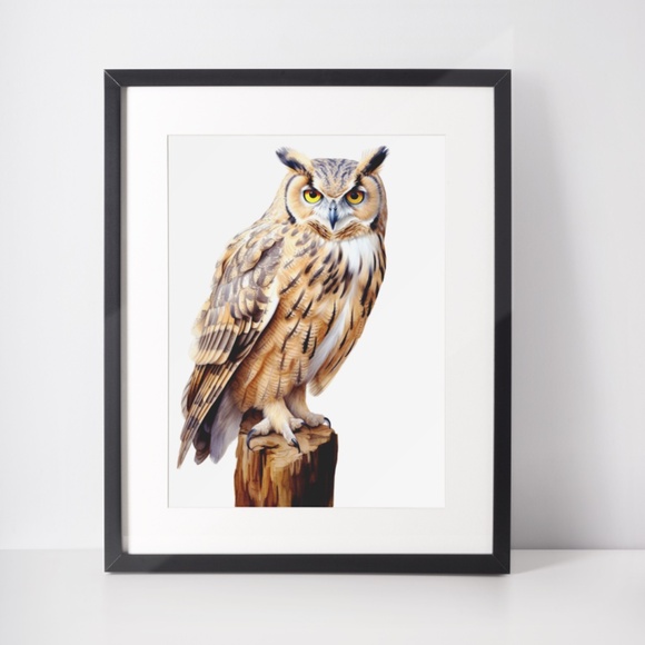 Watercolor Eurasian Eagle Owl Portrait Wall Art Illustration Print Unframed - Picture 4 of 7